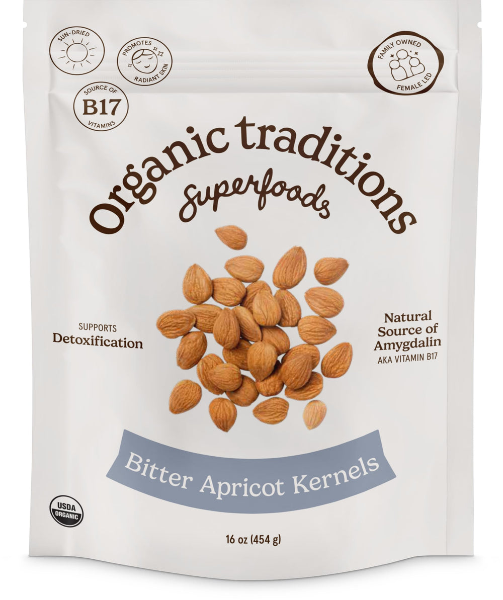 Organic Traditions apricot kernels sundried packaging shows raw single ingredient quality for mindful snacking