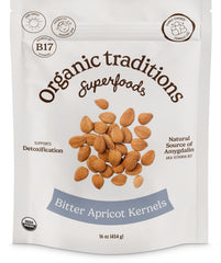 Organic Traditions apricot kernels sundried packaging shows raw single ingredient quality for mindful snacking