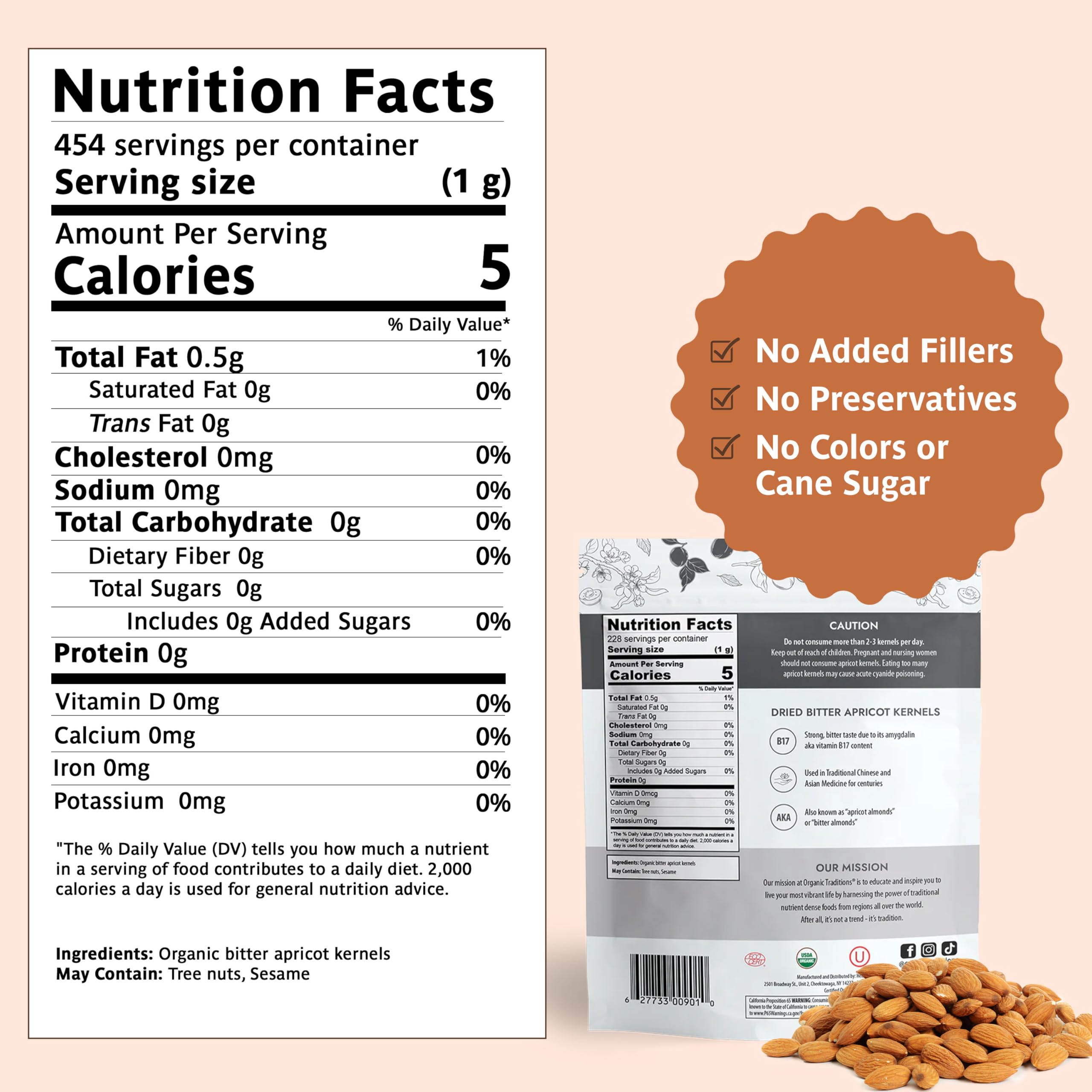 Organic Traditions apricot kernels close up reveals natural texture for traditional use and portions