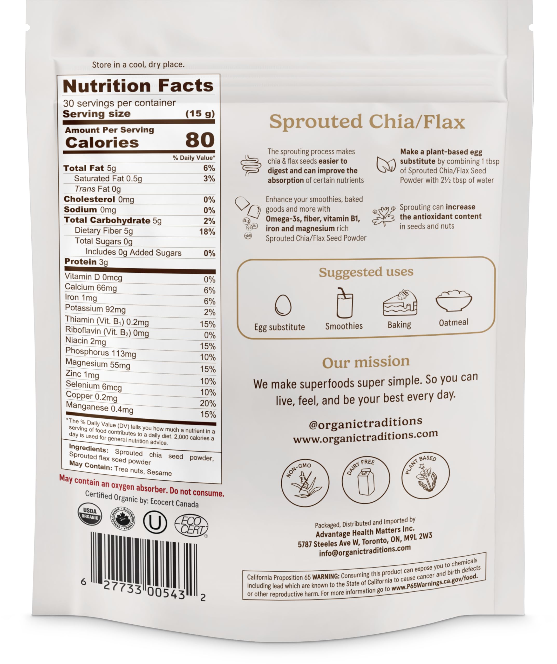 Organic Traditions measuring spoon with sprouted chia flax powder for quick smoothies.