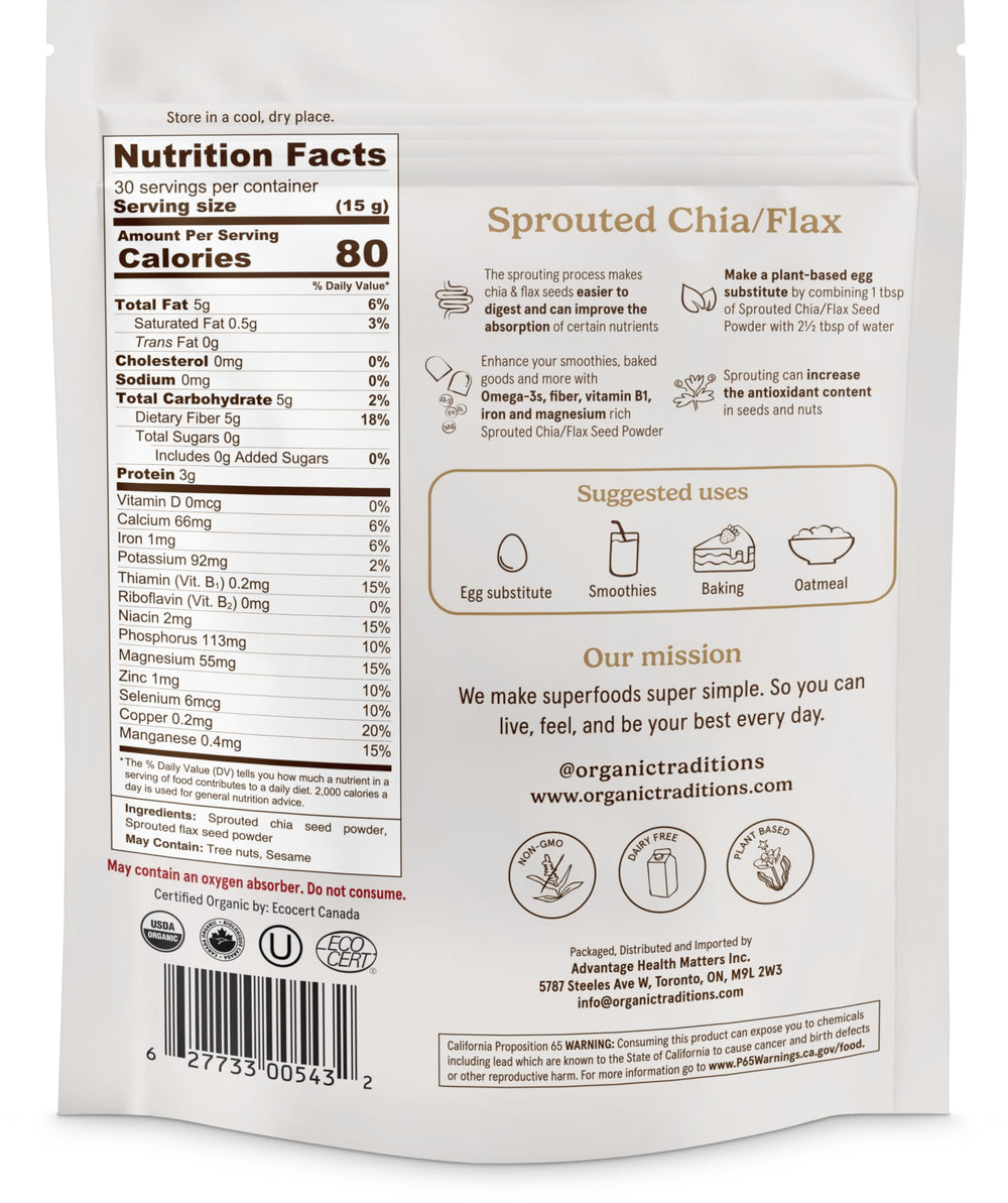 Organic Traditions measuring spoon with sprouted chia flax powder for quick smoothies.