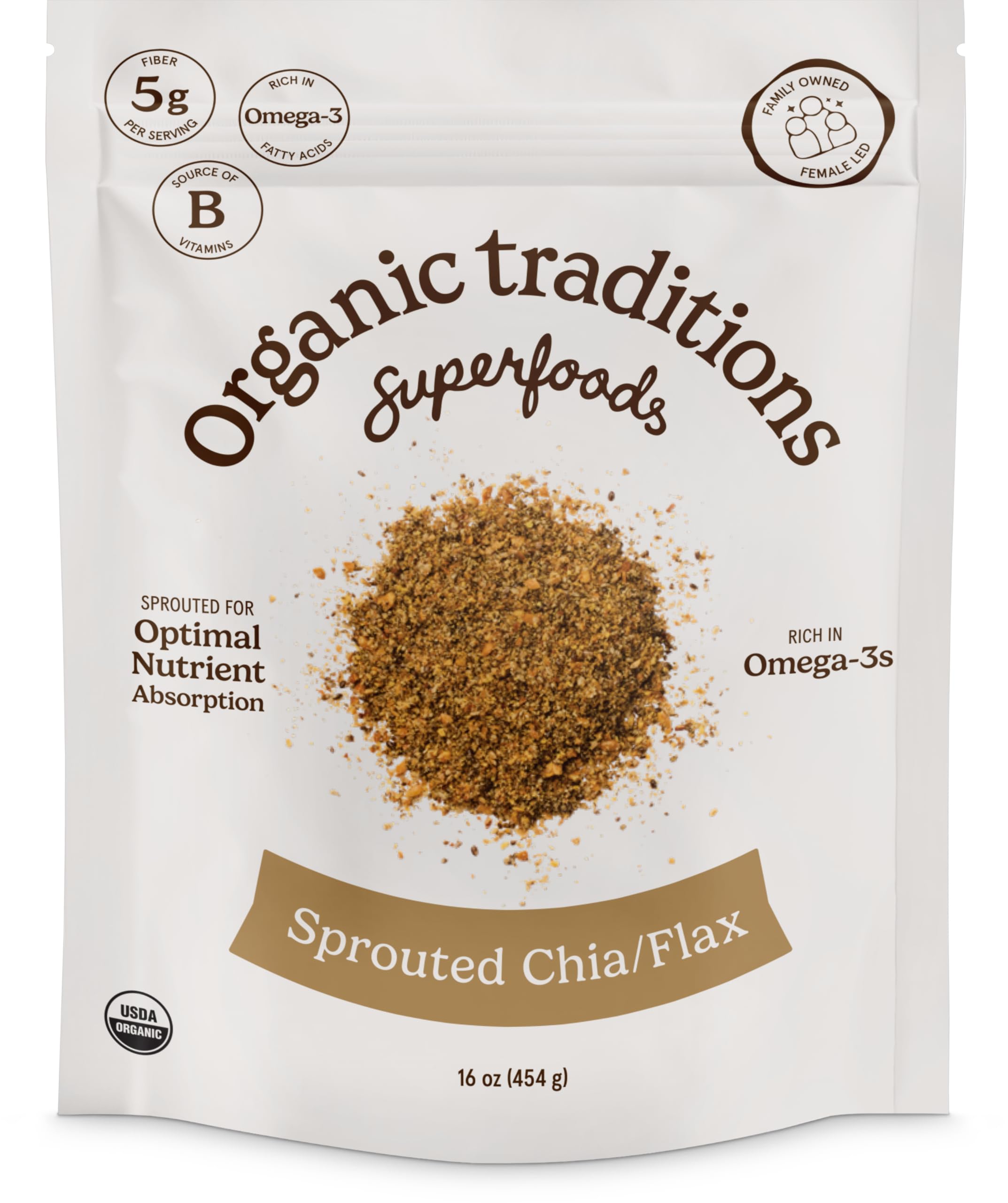 Organic Traditions sprouted chia and flax powder bag showcasing convenient plant-based nutrition.