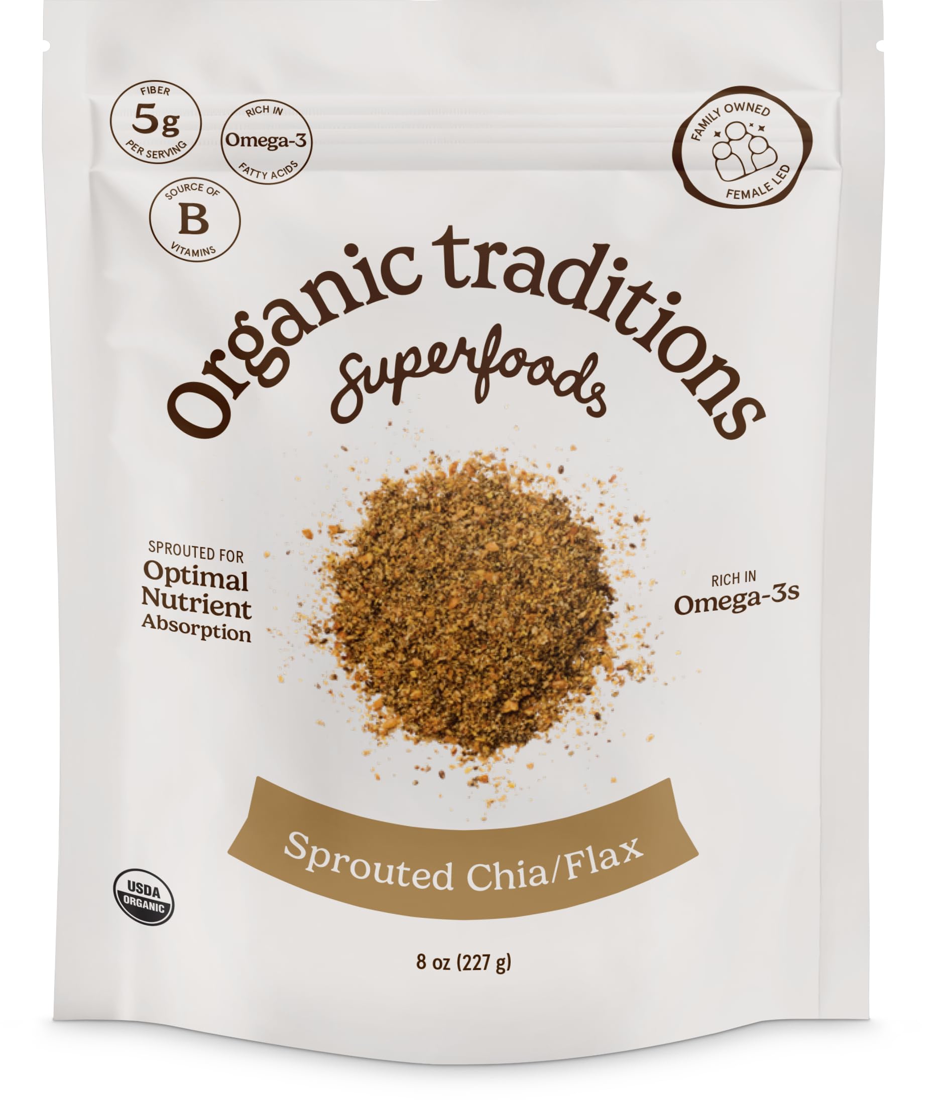 Organic Traditions sprouted chia-flax powder in bag, pantry staple for daily nutrition.