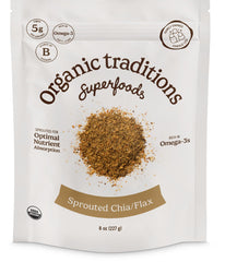 Organic Traditions sprouted chia-flax powder in bag, pantry staple for daily nutrition.