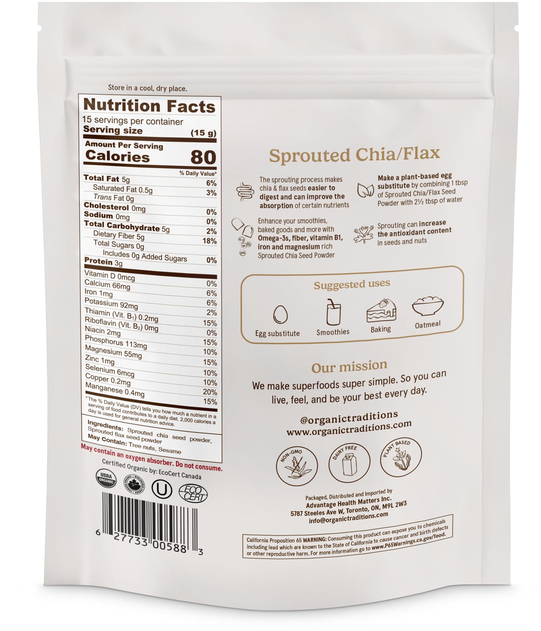Organic Traditions sprouted chia-flax powder in bowl, ready to mix into smoothies.