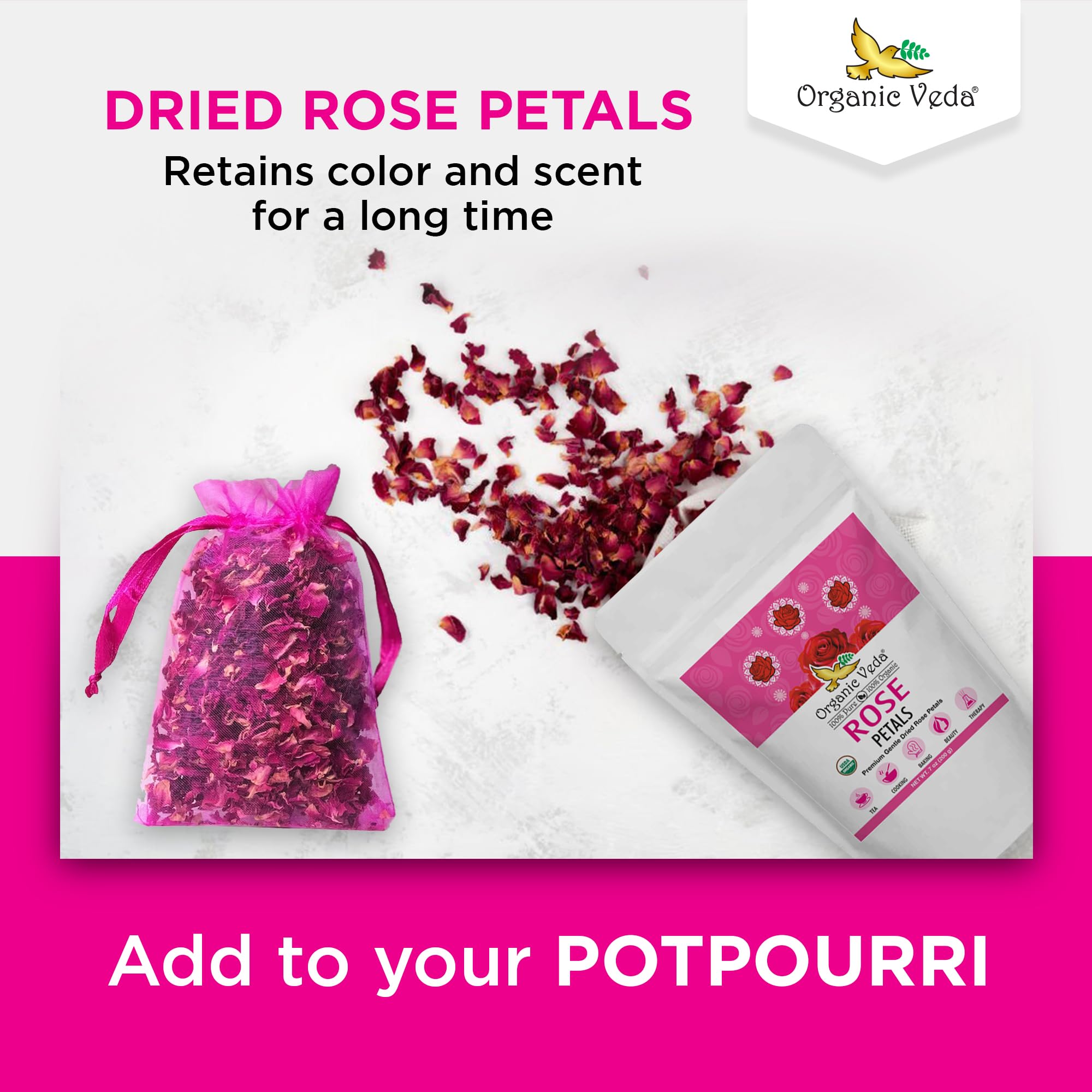 Organic Veda bath salts with dried petals creating a soothing spa-like atmosphere.