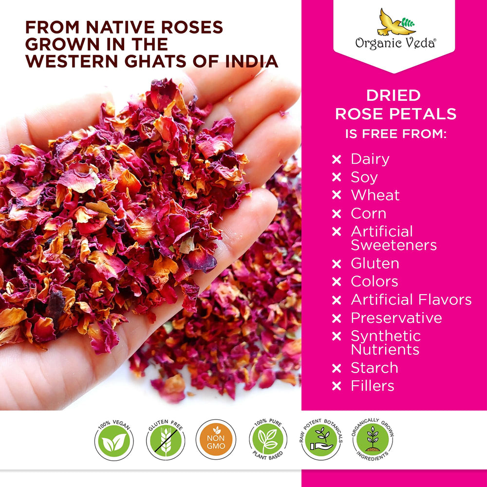 Organic Veda rose petals topping a cake for natural, floral decoration.