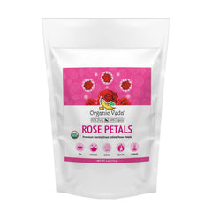 Organic Veda dried rose petals in a jar, ideal for culinary garnish and baking.