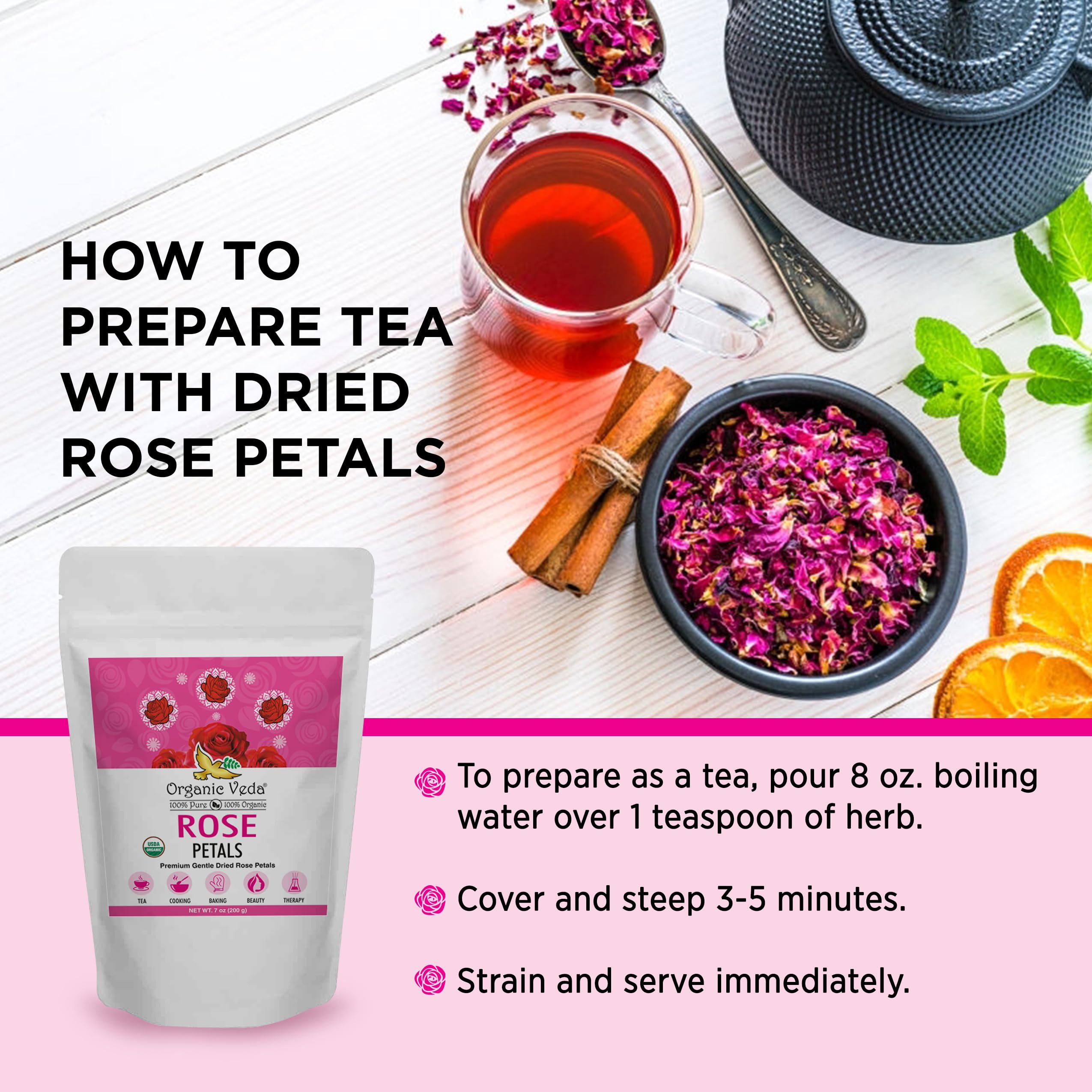 Organic Veda dried rose petals used to make rose water for cooking and flavoring.