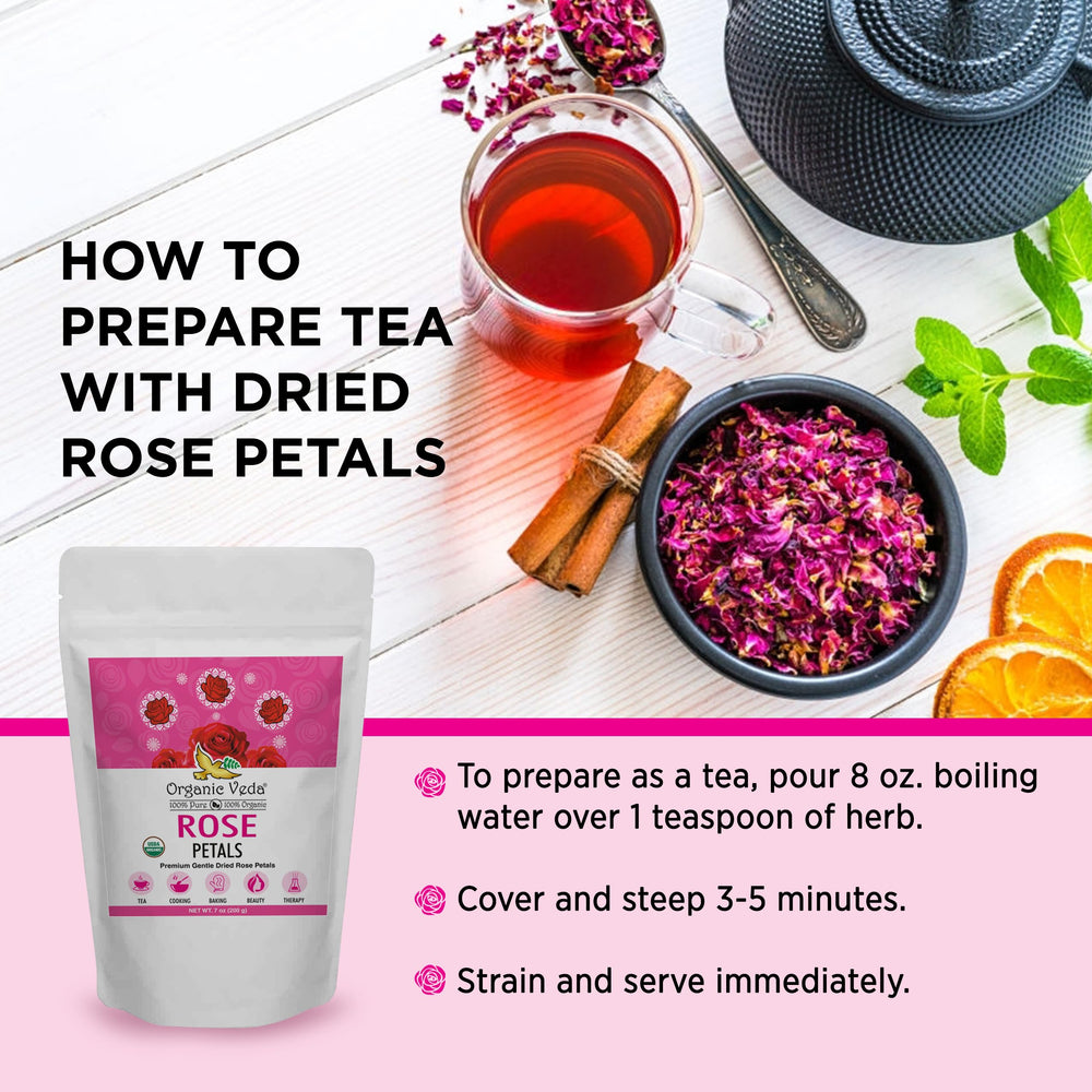Organic Veda dried rose petals used to make rose water for cooking and flavoring.
