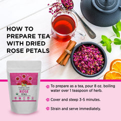 Organic Veda dried rose petals used to make rose water for cooking and flavoring.