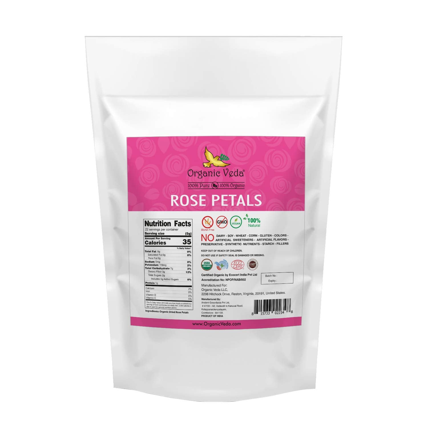 Organic Veda dried rose petals steeping in hot water for fragrant tea.