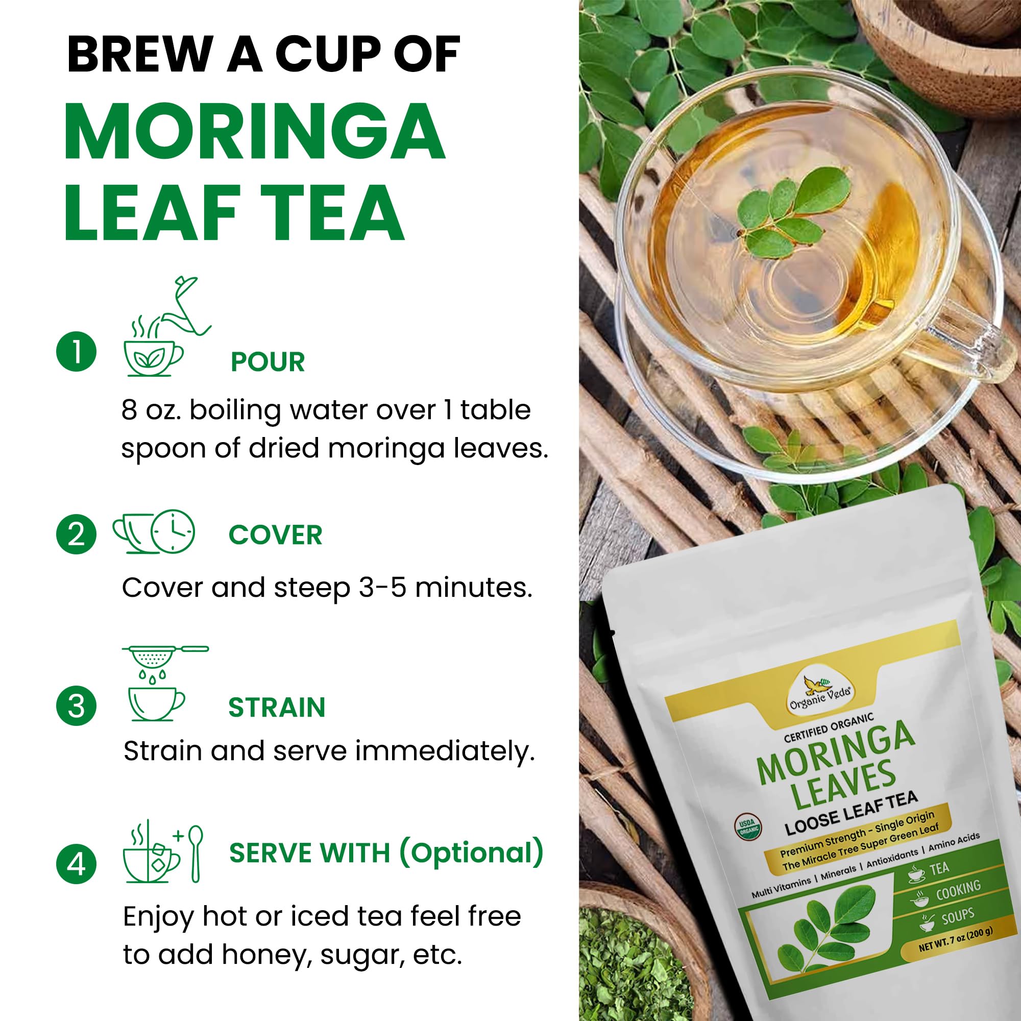 Brewed Organic Veda Moringa Tea in a comforting cup with earthy aroma