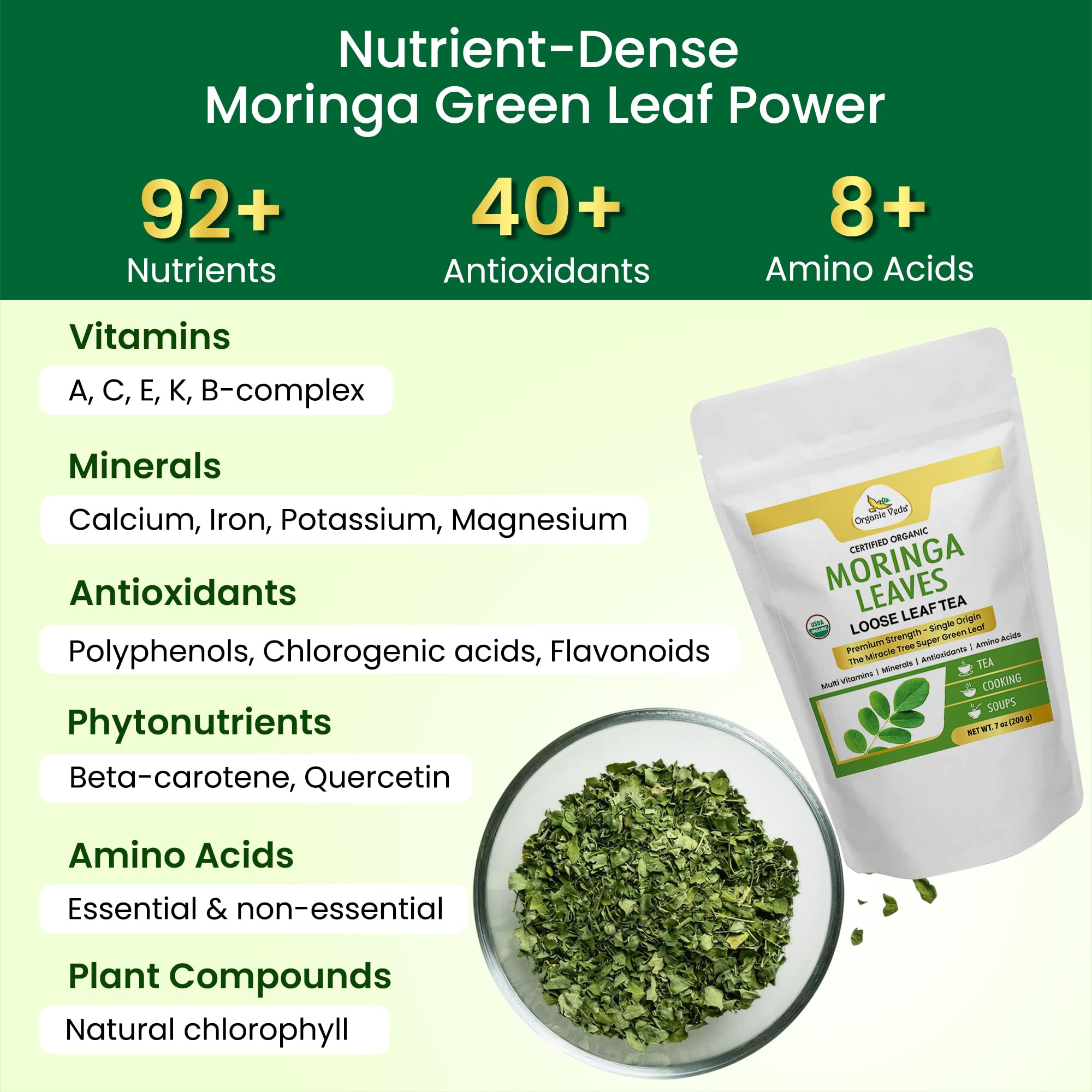 Organic Veda Moringa Tea nutritional label showing vitamins and minerals