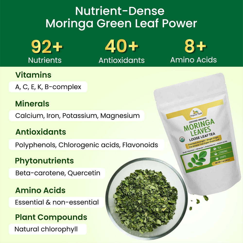 Organic Veda Moringa Tea nutritional label showing vitamins and minerals