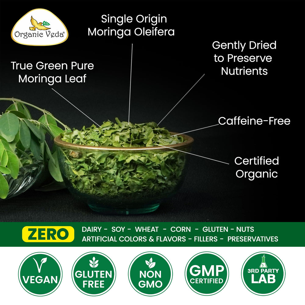 Organic Veda Moringa Tea packaging in an eco-friendly resealable bag