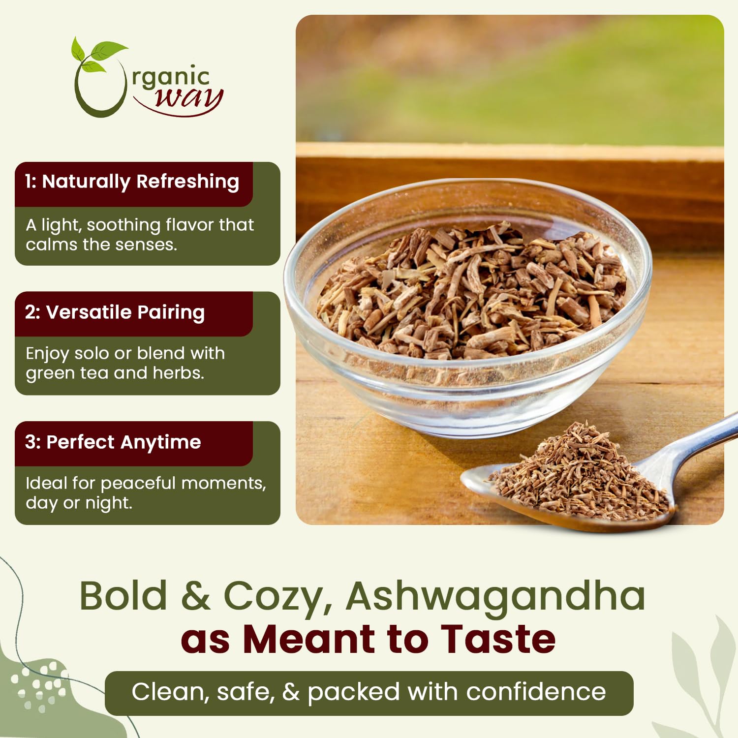 Organic Way Ashwagandha loose leaf batch for versatile herbal infusions.