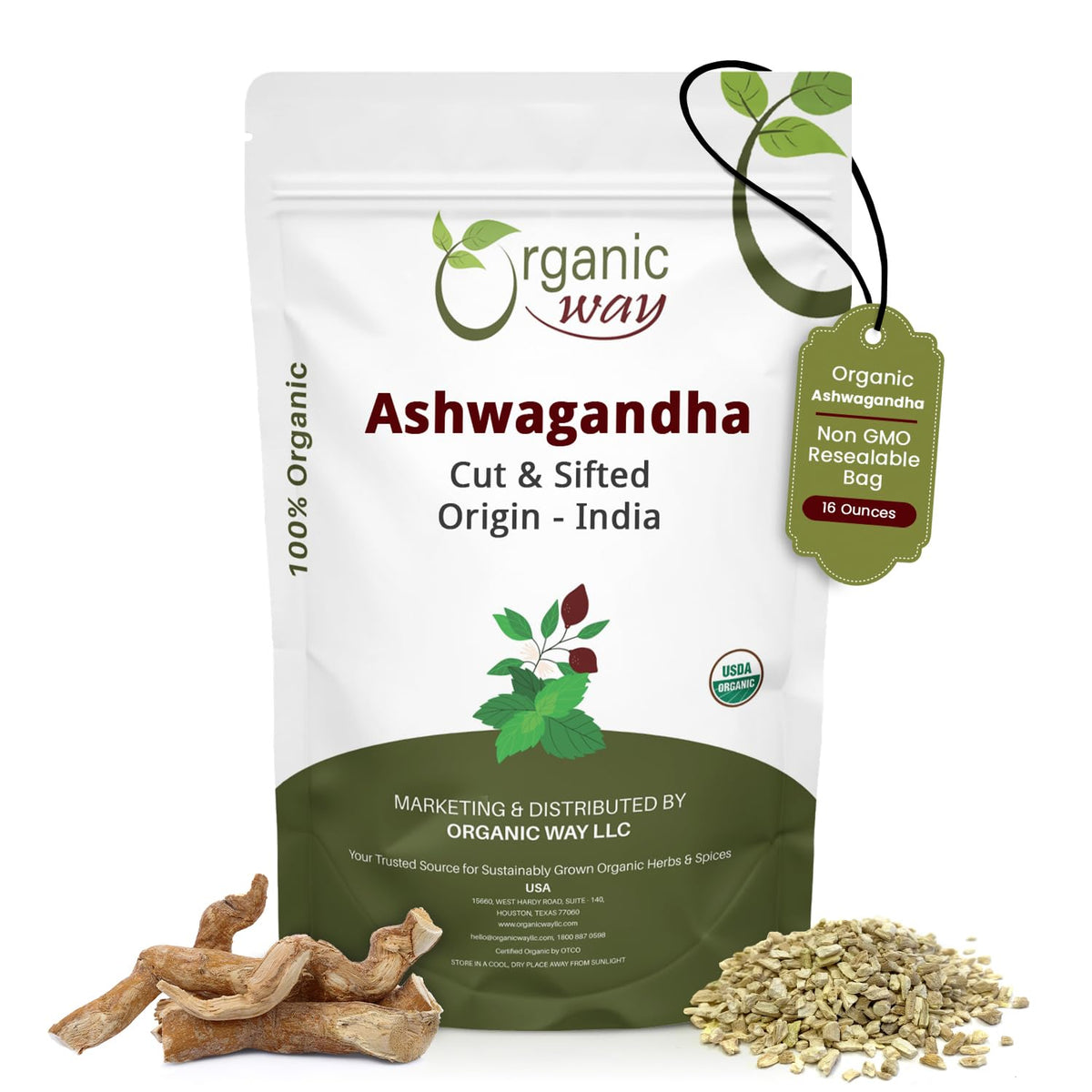 Organic Way Ashwagandha root cut-sifted in bulk for tea and blends.