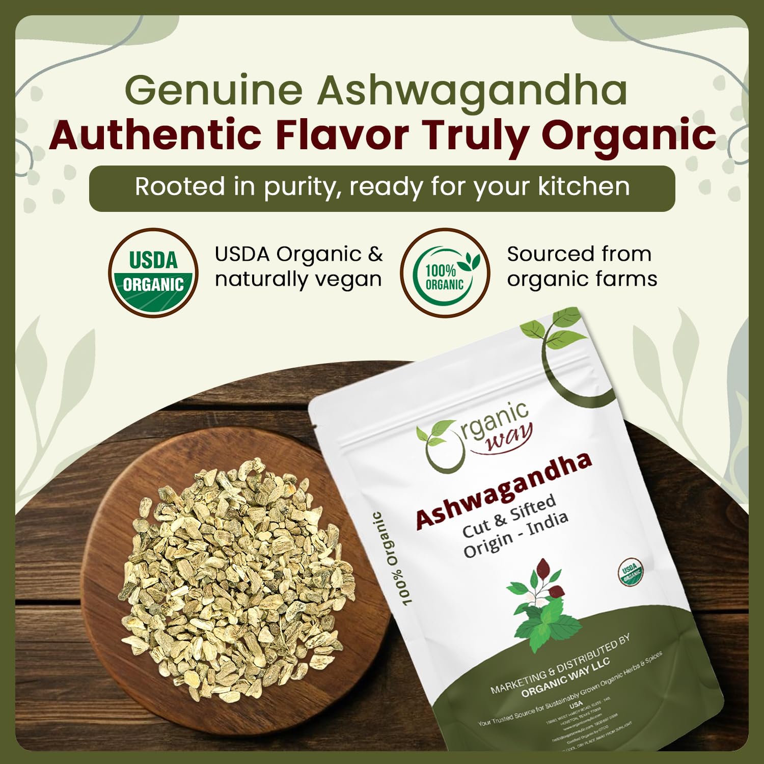 Organic Way Ashwagandha tea infusion ready to brew and savor.