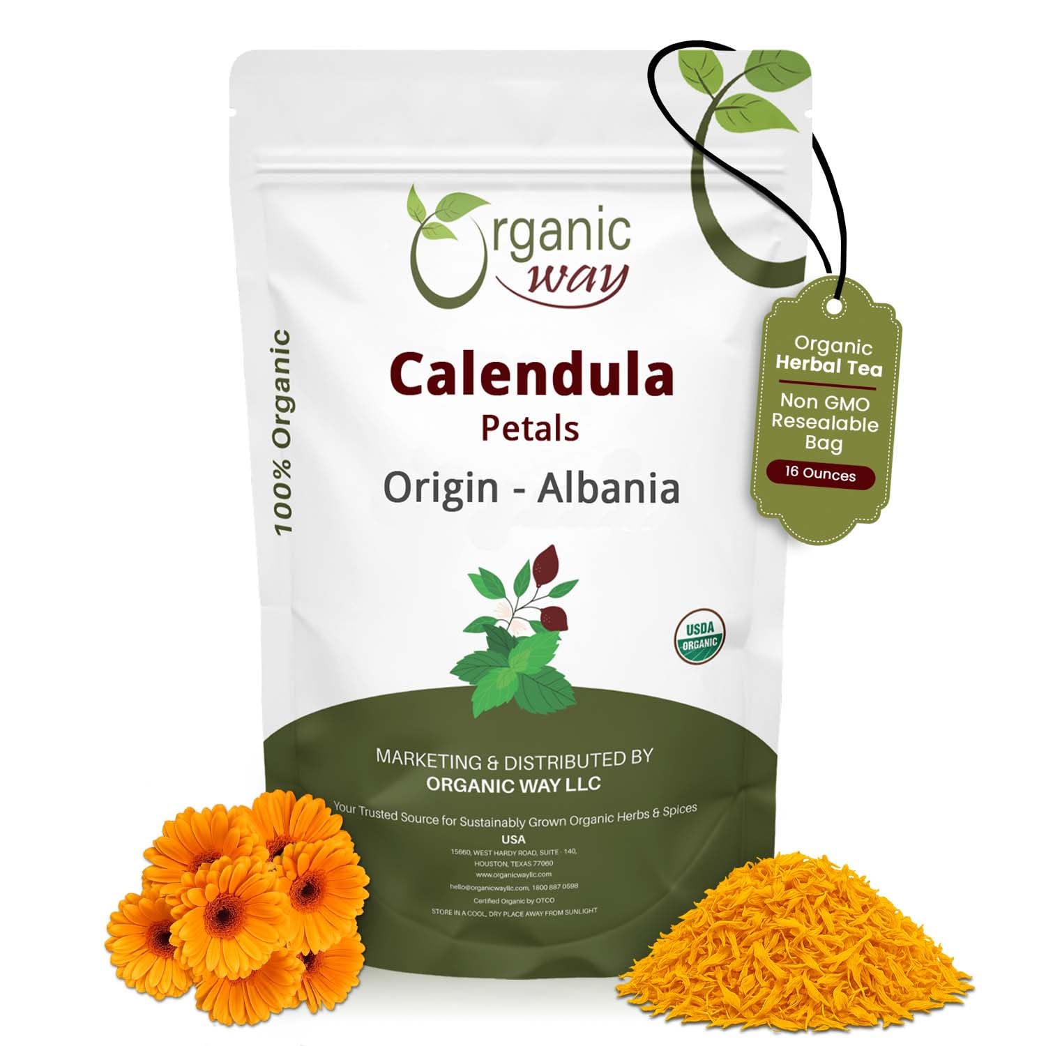 Organic Way calendula petals from Albania, vibrant dried flowers ideal for herbal tea infusions