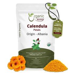 Organic Way calendula petals from Albania, vibrant dried flowers ideal for herbal tea infusions