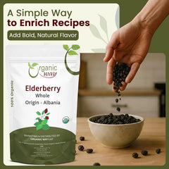 Organic Way elderberry infusion enhances herbal blends.