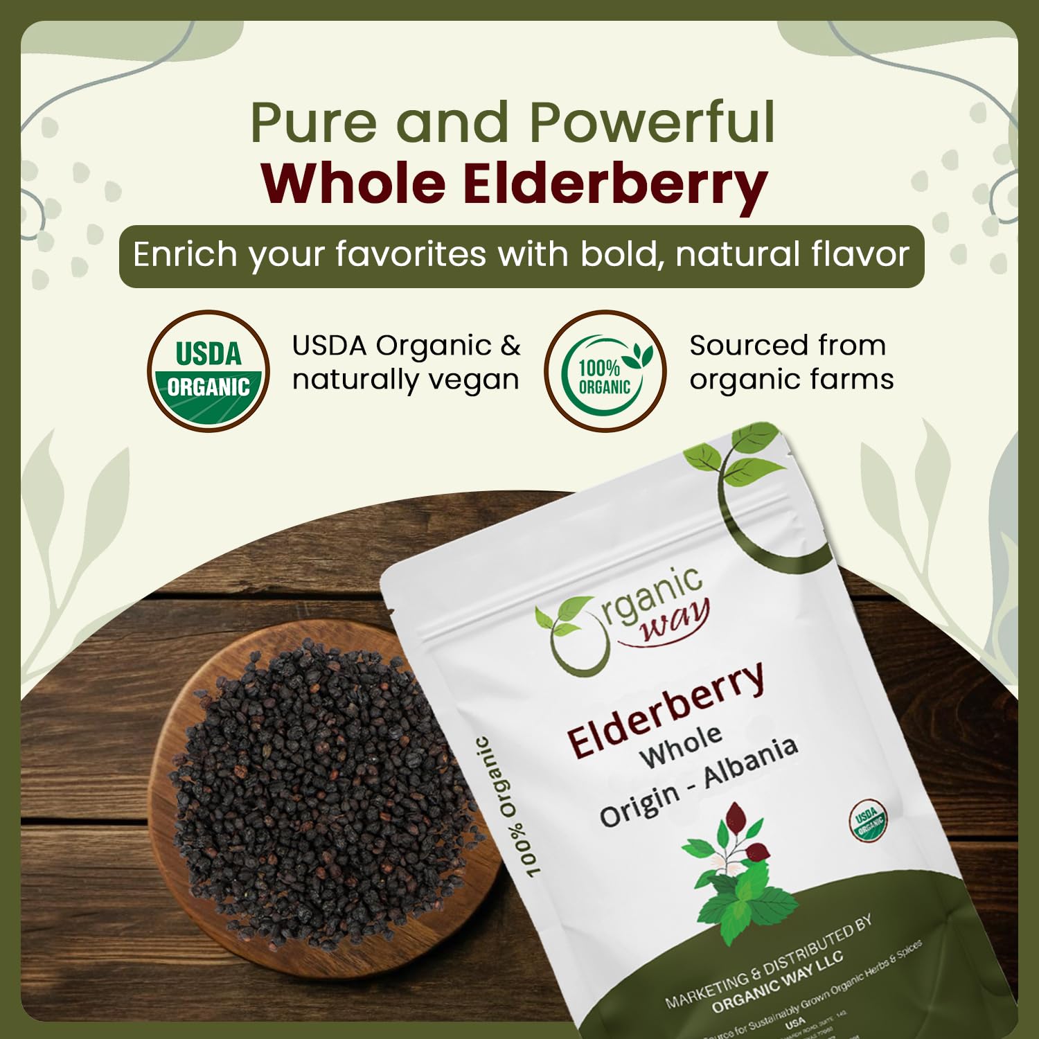 Organic Way elderberry whole berries ideal for homemade powder blends.