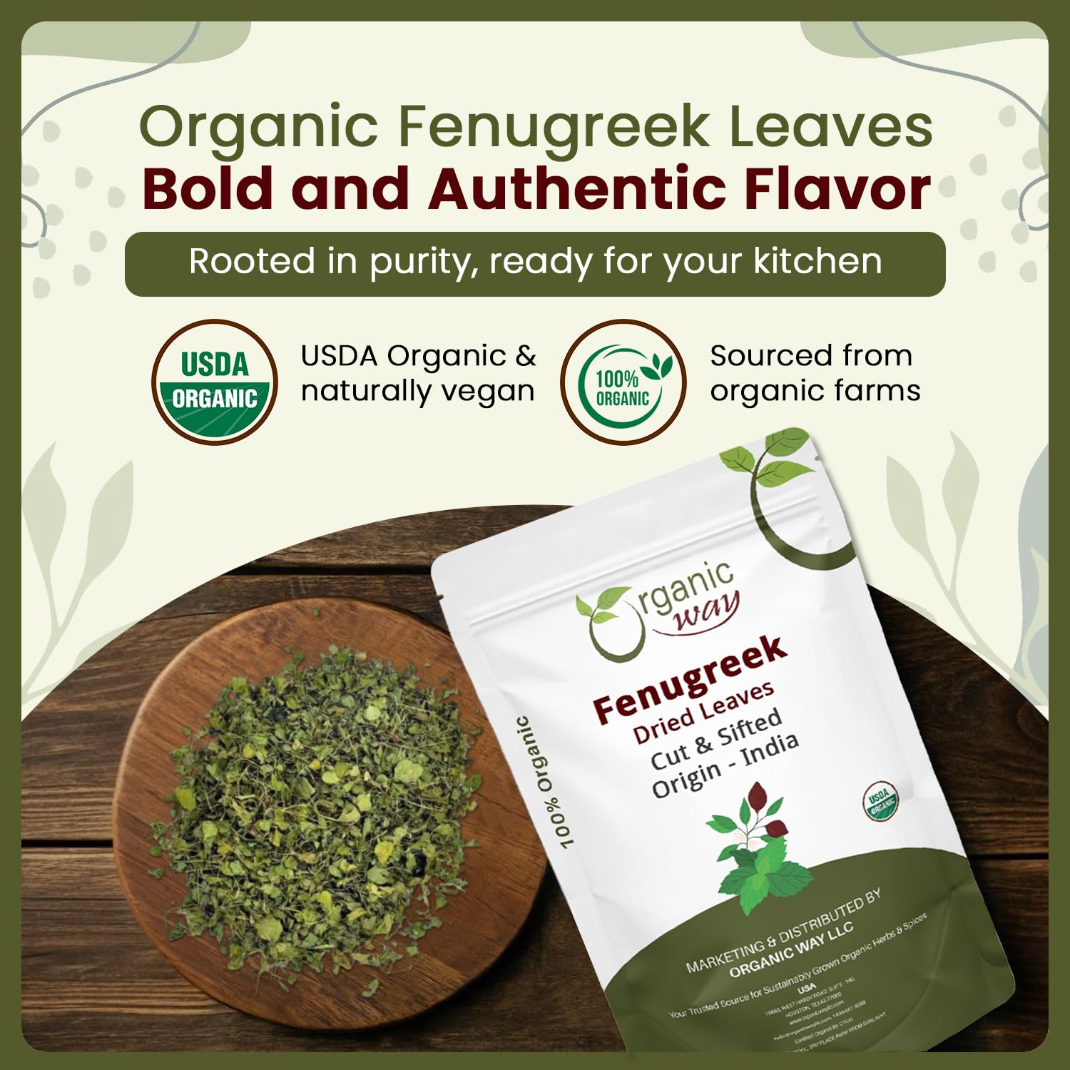 Organic Way Kasuri Methi leaves close-up with vibrant green color and aroma