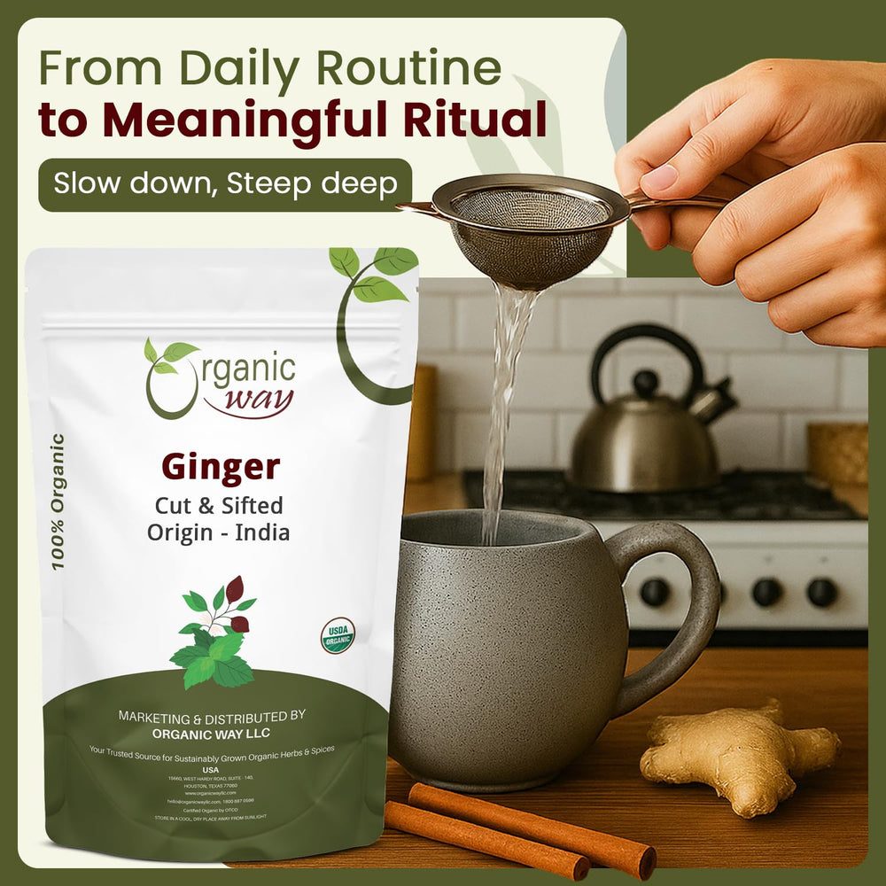 Organic Way ginger tea infusion with hot water delivers bold aroma