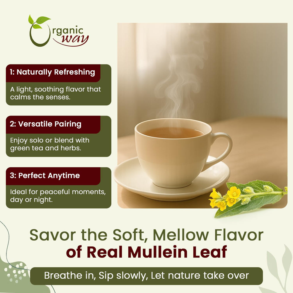 Organic Way Mullein Leaf Tea in a basket for everyday soothing brews