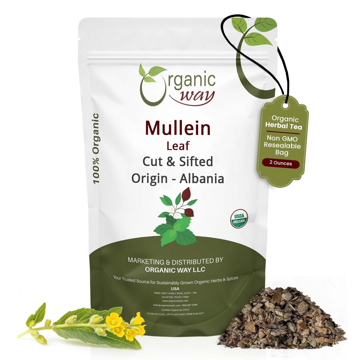 Organic Way Mullein Leaf Tea pack showing European wild-harvest leaves for pure flavor