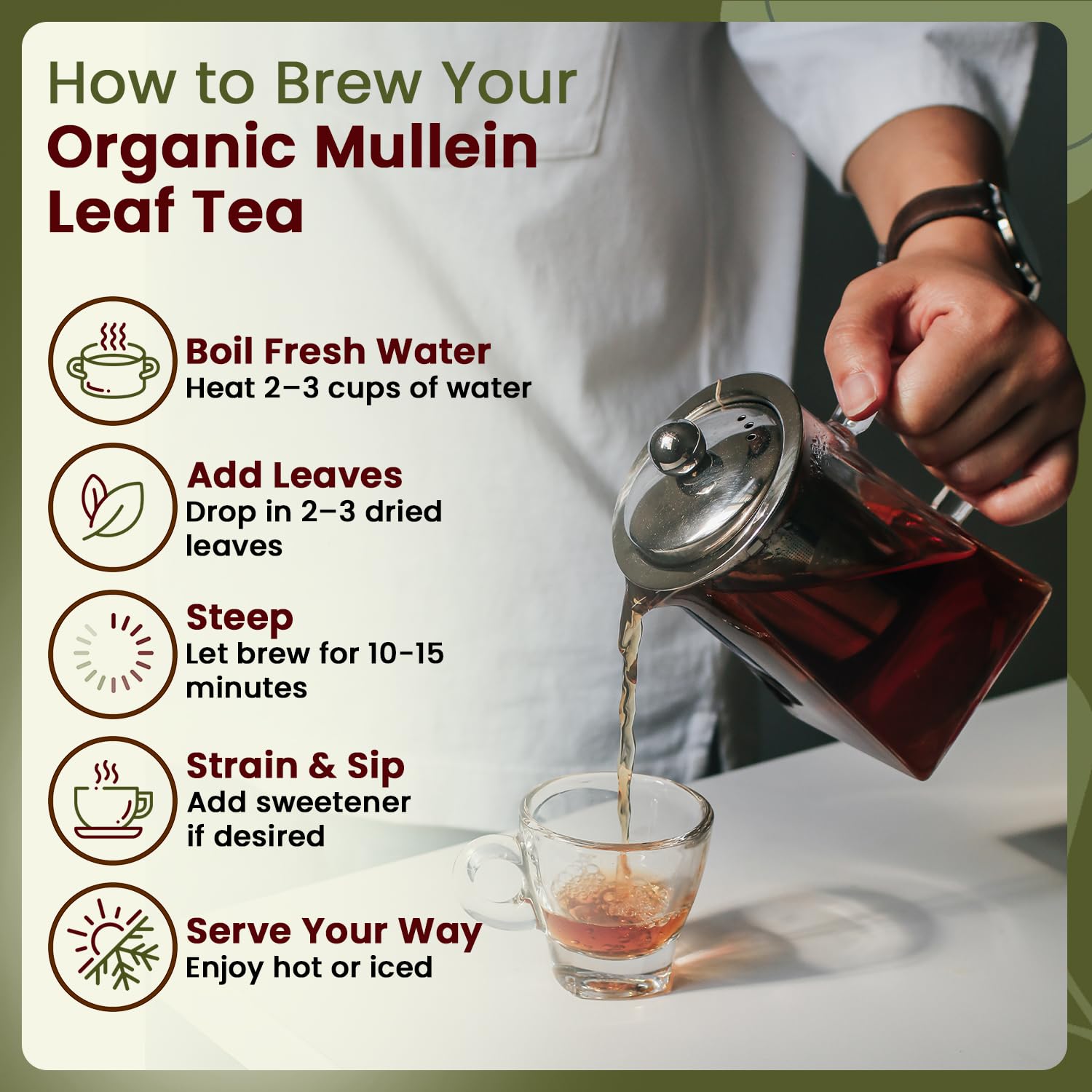 Organic Way Mullein Leaf Tea steeper pot, promoting a calm, caffeine-free ritual