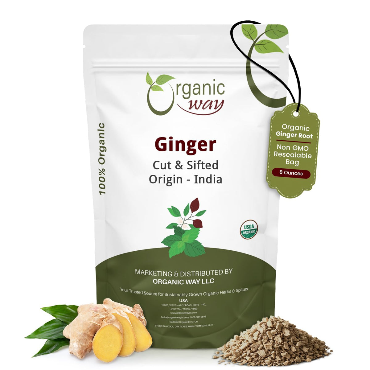 Organic Way premium dried ginger root, cut and sifted for cooking and tea use