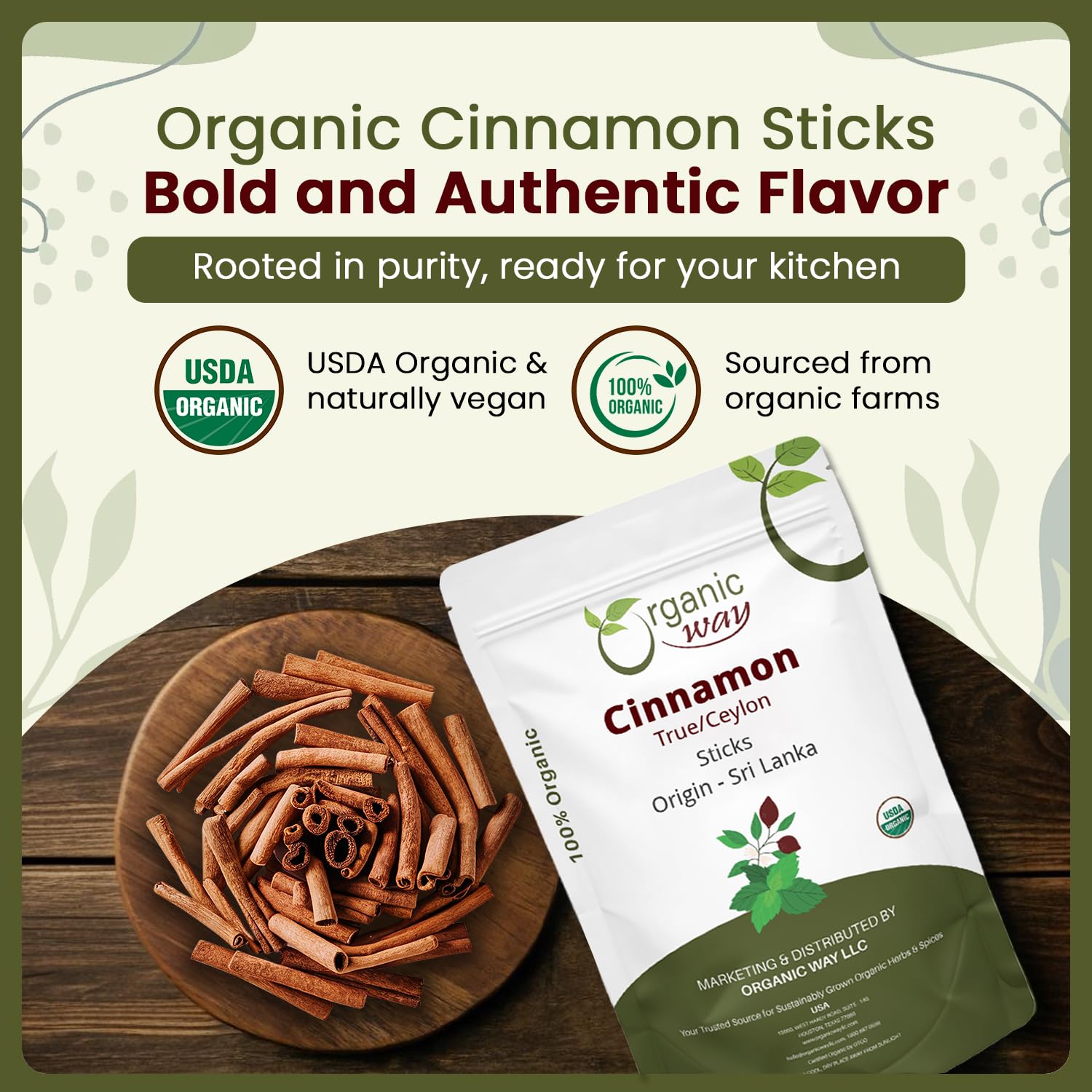 Organic Way True Ceylon Cinnamon Sticks whole sticks arranged for culinary use