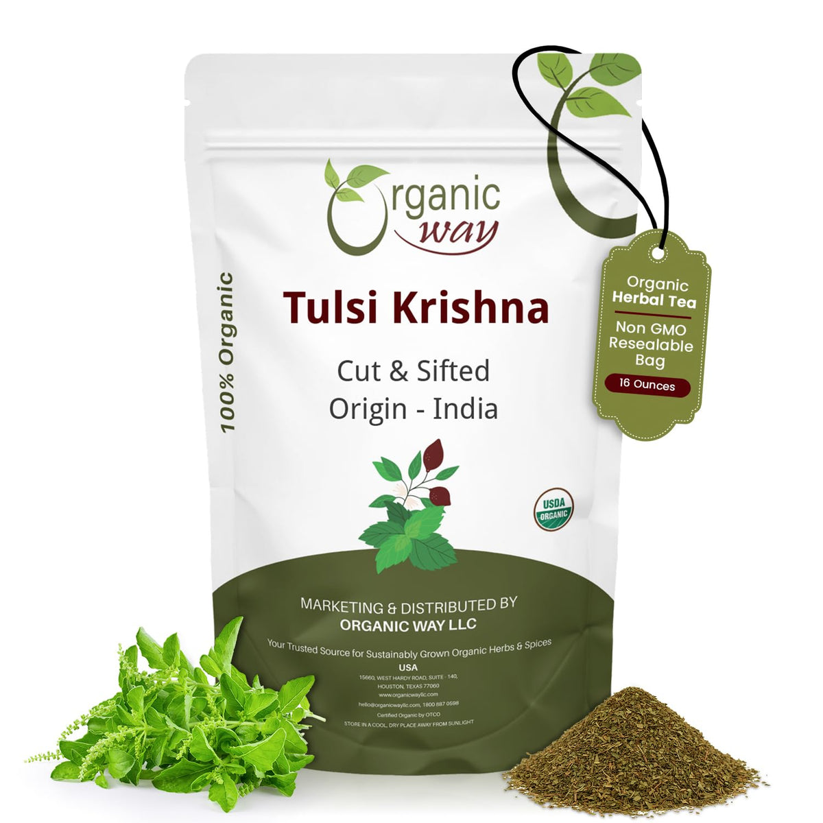 Organic Way Tulsi Krishna cut and sifted tea bundle for aromatic homemade infusions.