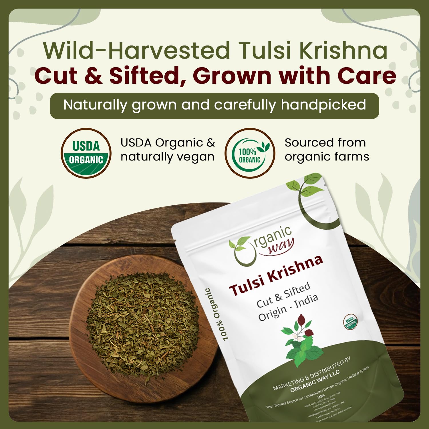 Organic Way Tulsi Krishna dried leaves close-up for pure herbal tea blends.