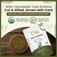 Organic Way Tulsi Krishna dried leaves close-up for pure herbal tea blends.