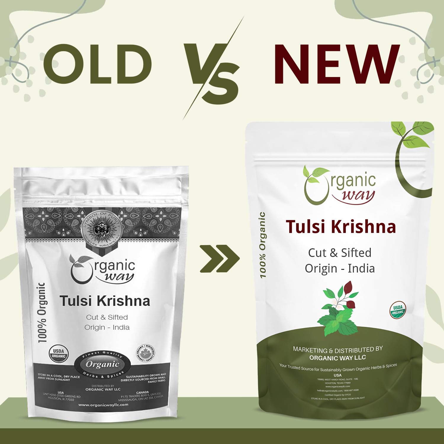Organic Way Tulsi Krishna organic certifications badge signals trusted quality.