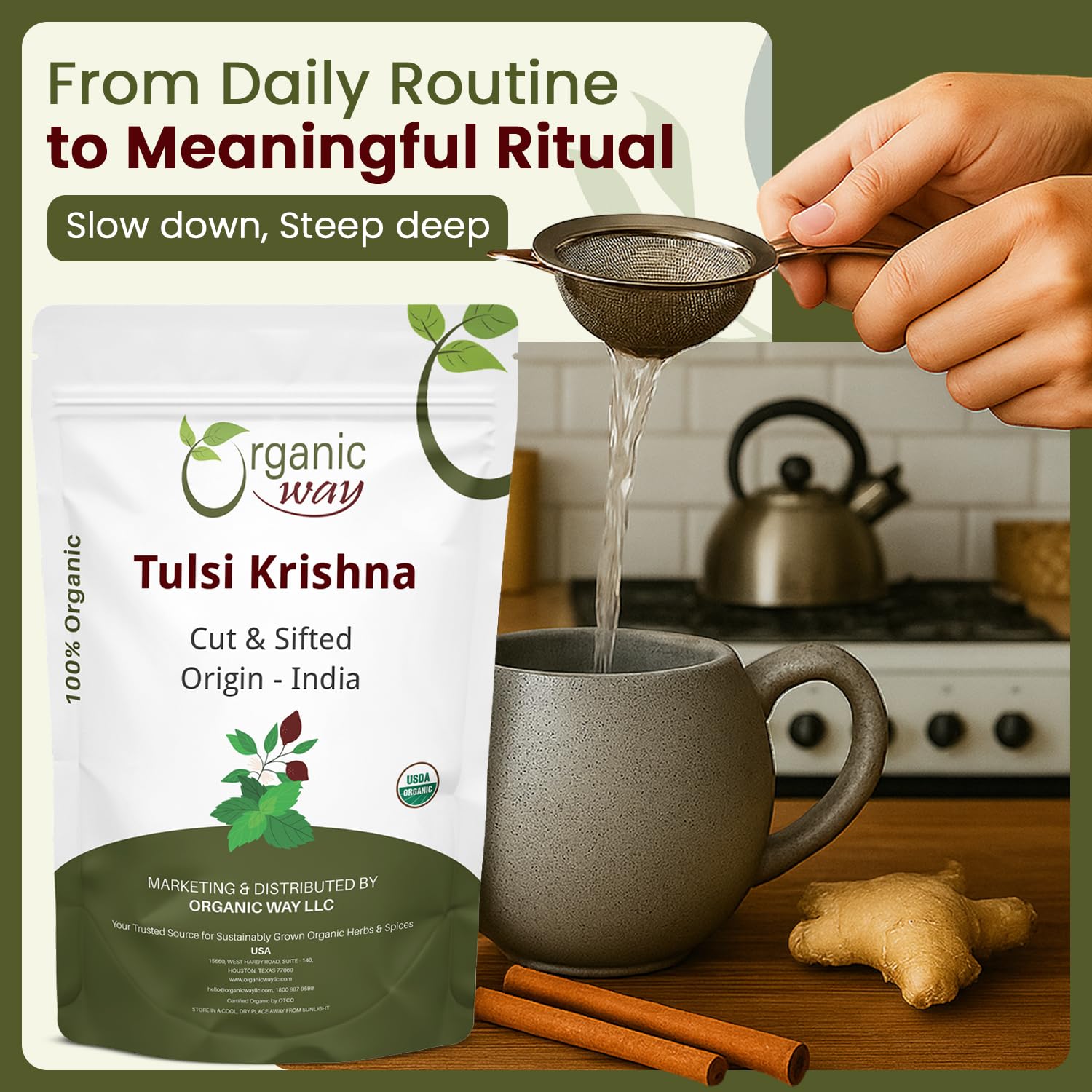 Organic Way Tulsi Krishna resealable packaging preserves freshness and aroma.