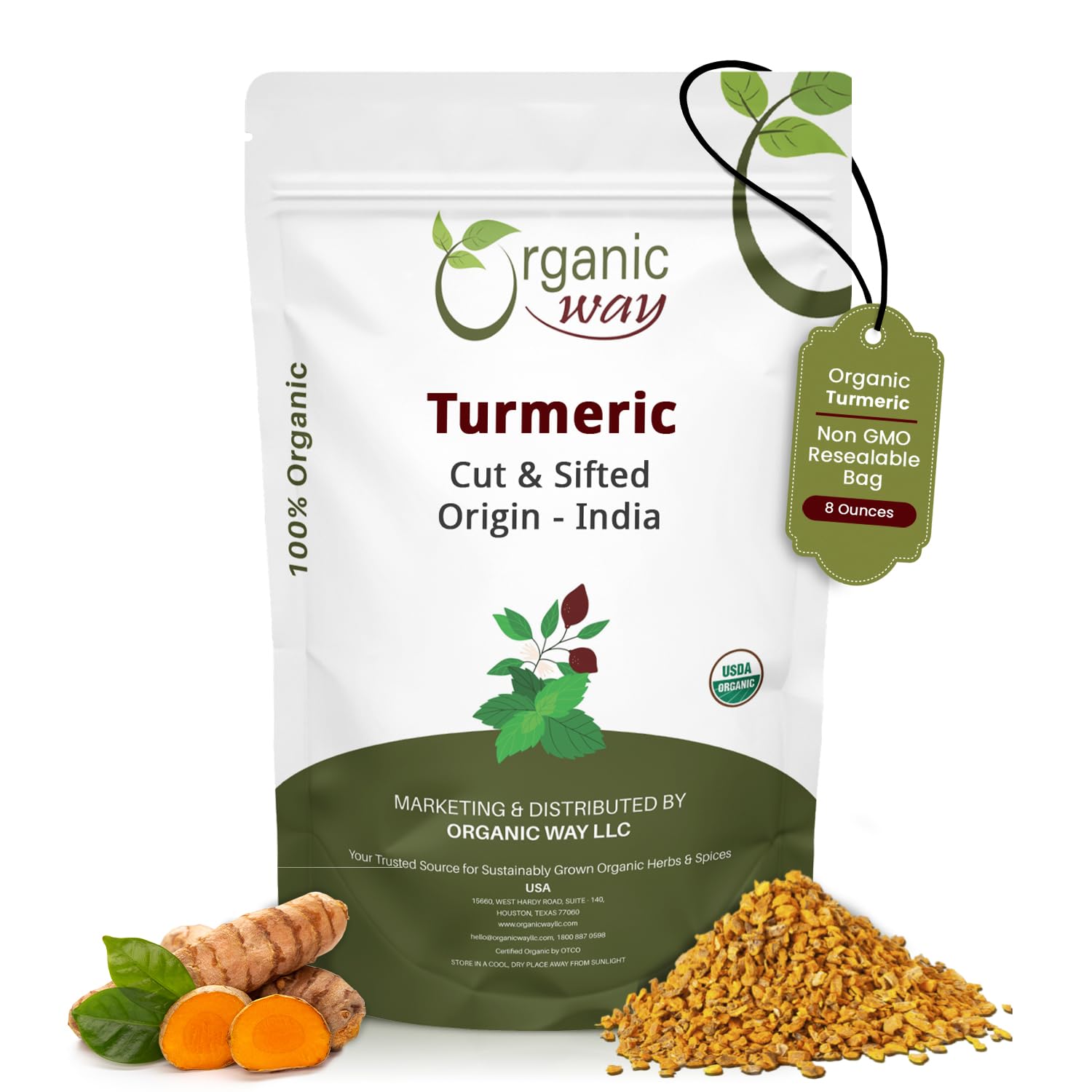 Organic Way turmeric root cut and sifted bulk bag showing natural haldi pieces for blends.