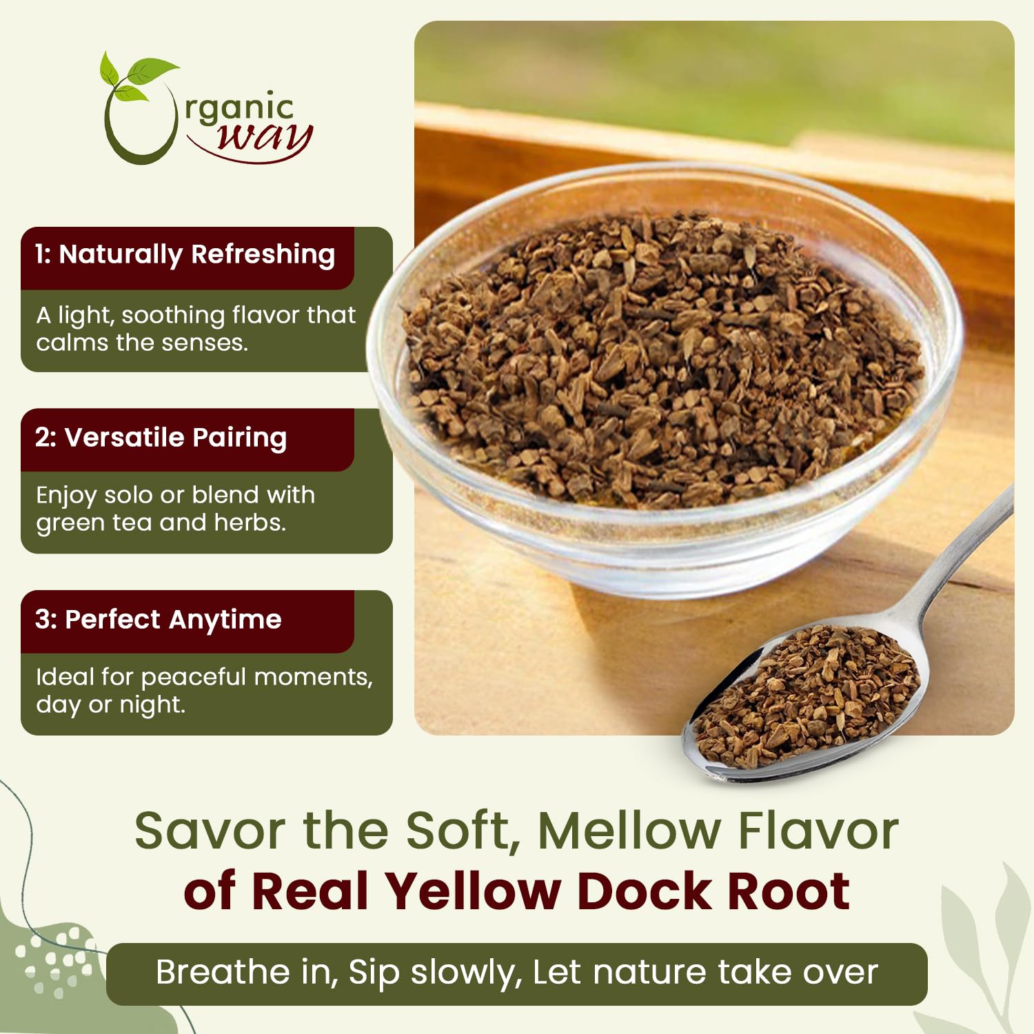 Organic Way Yellow Dock Root bulk display highlights traditional herb collection value