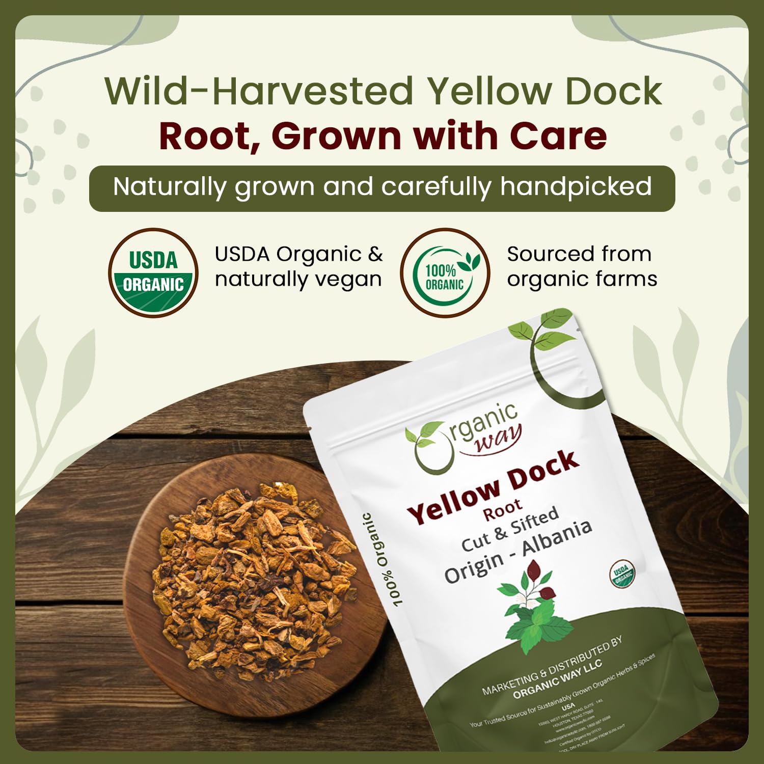 Organic Way Yellow Dock Root in resealable bag preserves freshness and aroma