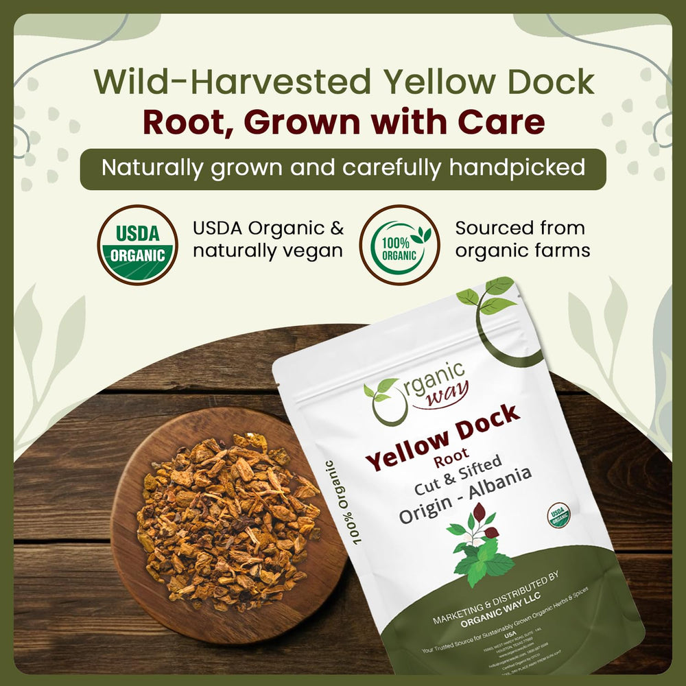 Organic Way Yellow Dock Root in resealable bag preserves freshness and aroma