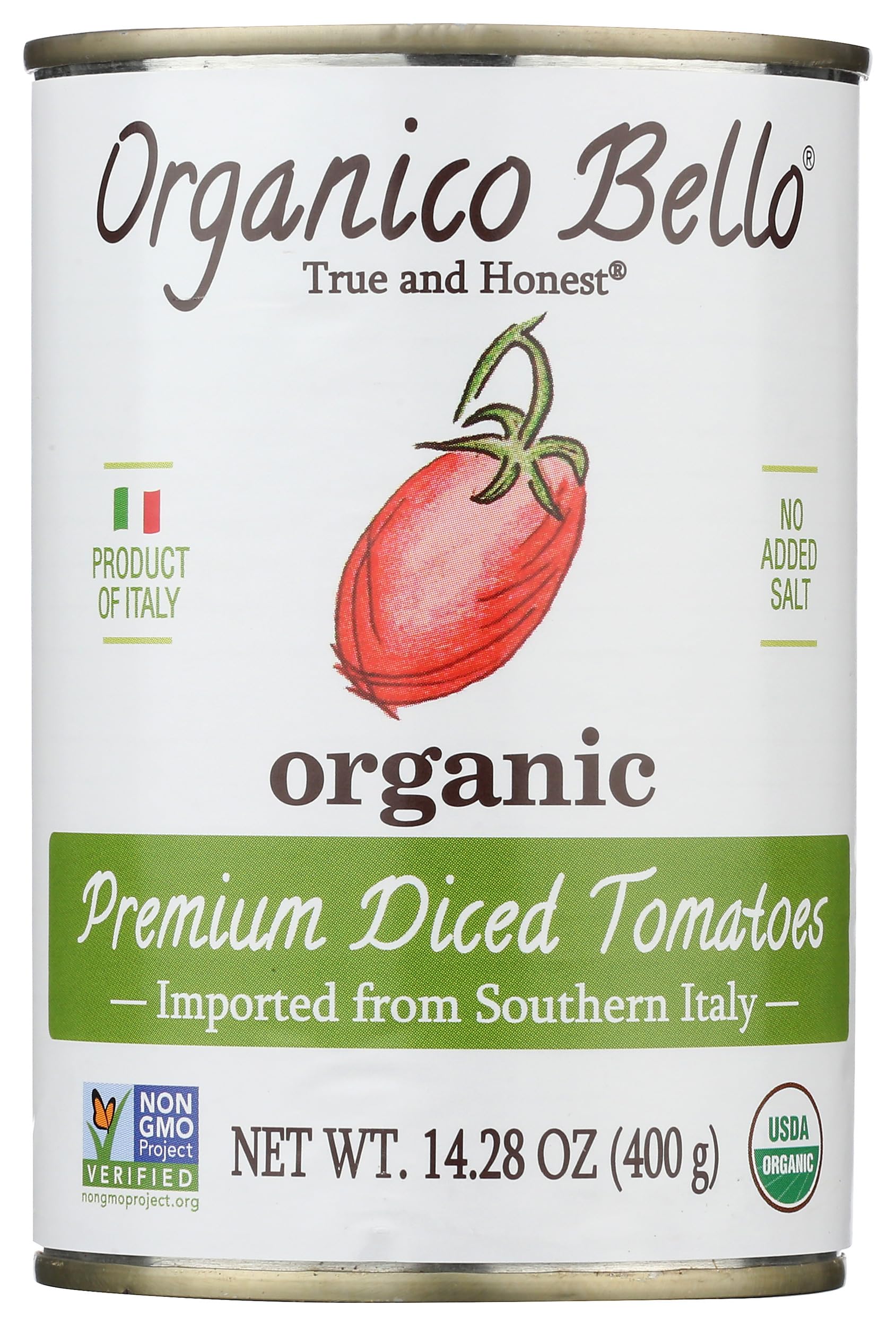 Organico Bello diced tomatoes in a can for easy weeknight sauces and soups.