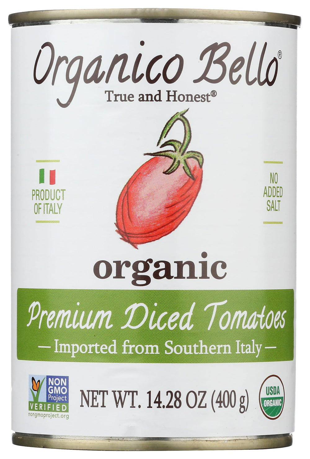 Organico Bello diced tomatoes in a can for easy weeknight sauces and soups.