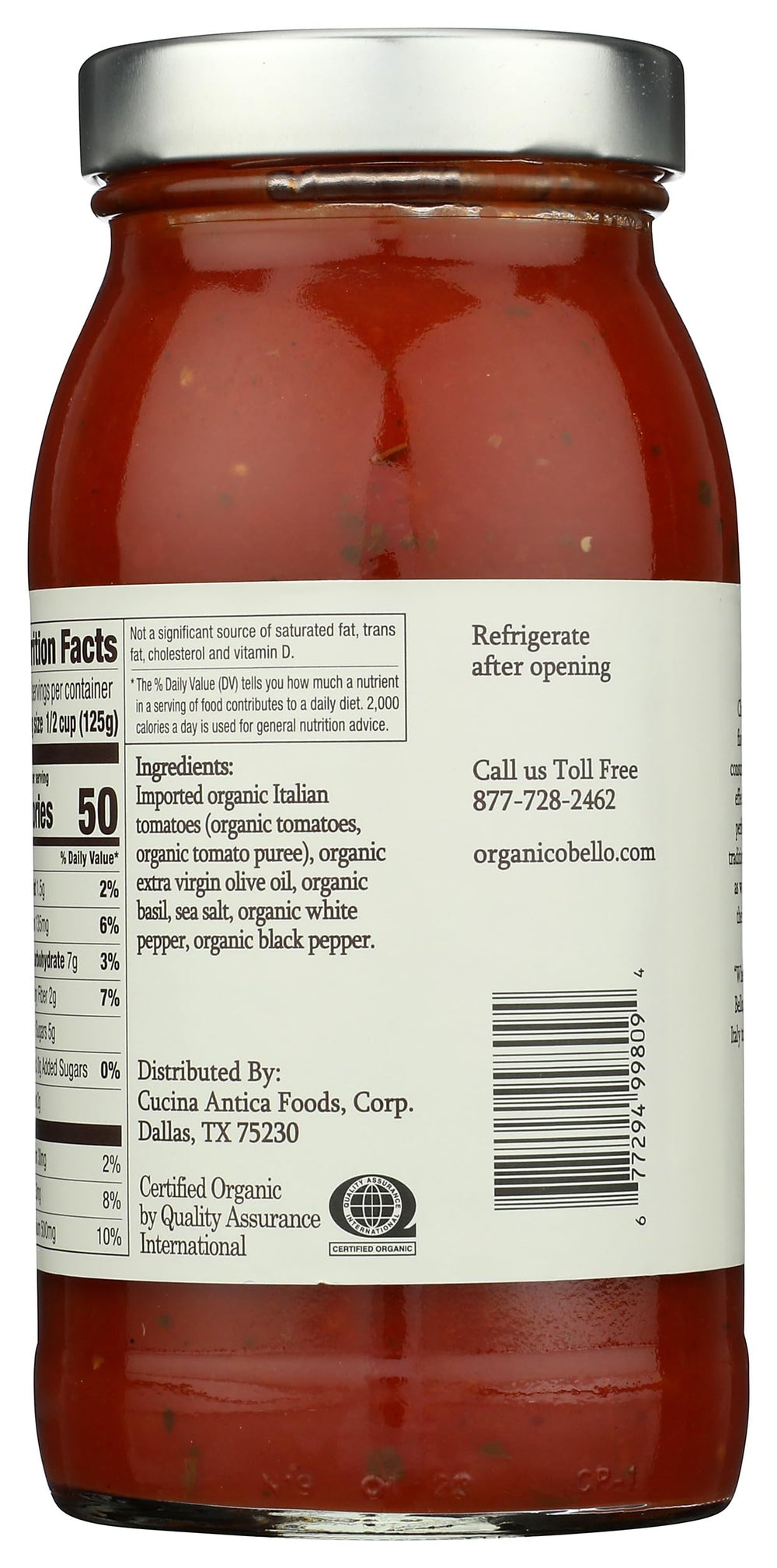 Organico Bello Non-GMO Certification label visible, signaling quality ingredients.
