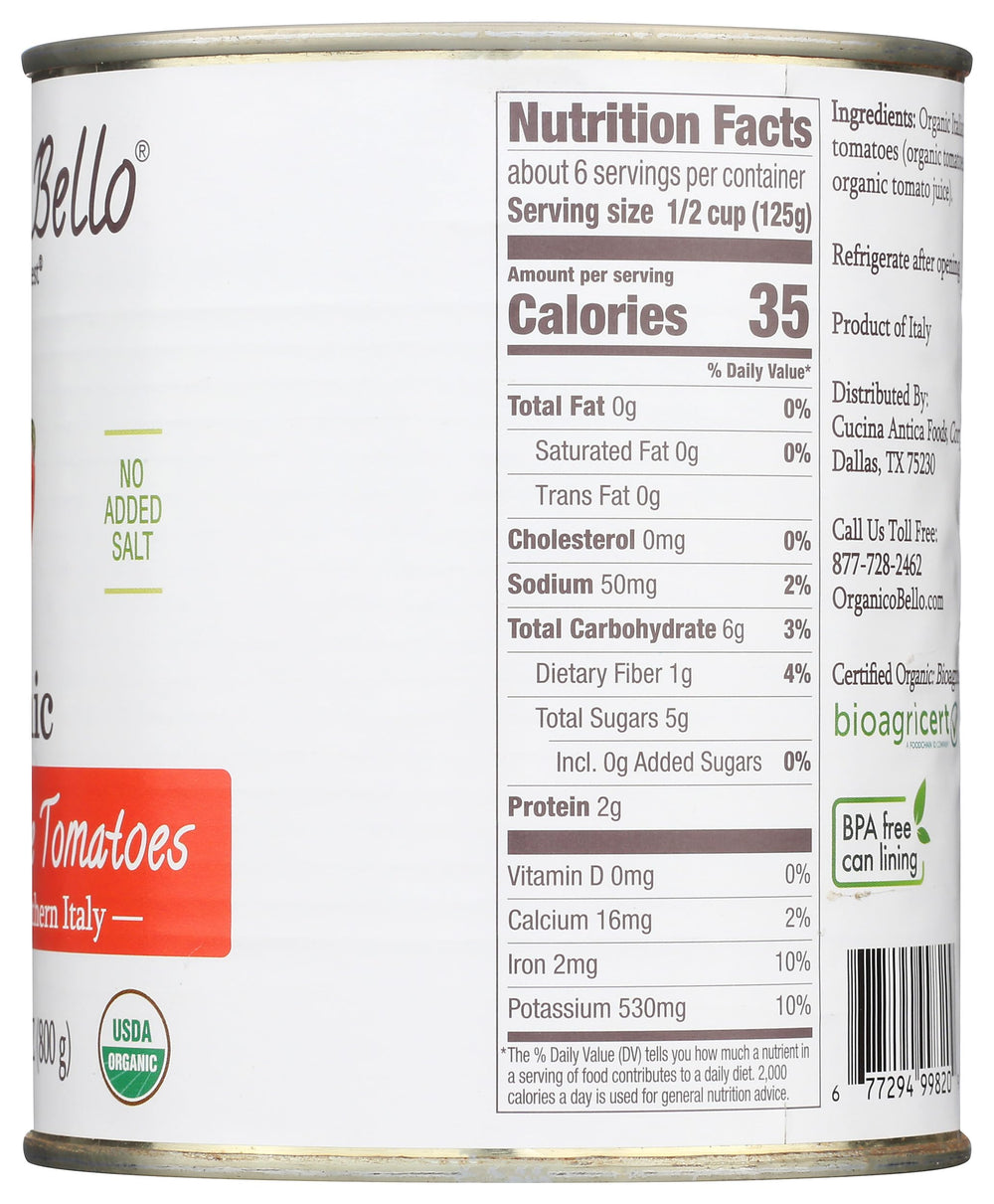 Organico Bello 28oz can front highlights convenient whole tomatoes for soups and sauces.