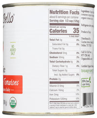 Organico Bello 28oz can front highlights convenient whole tomatoes for soups and sauces.
