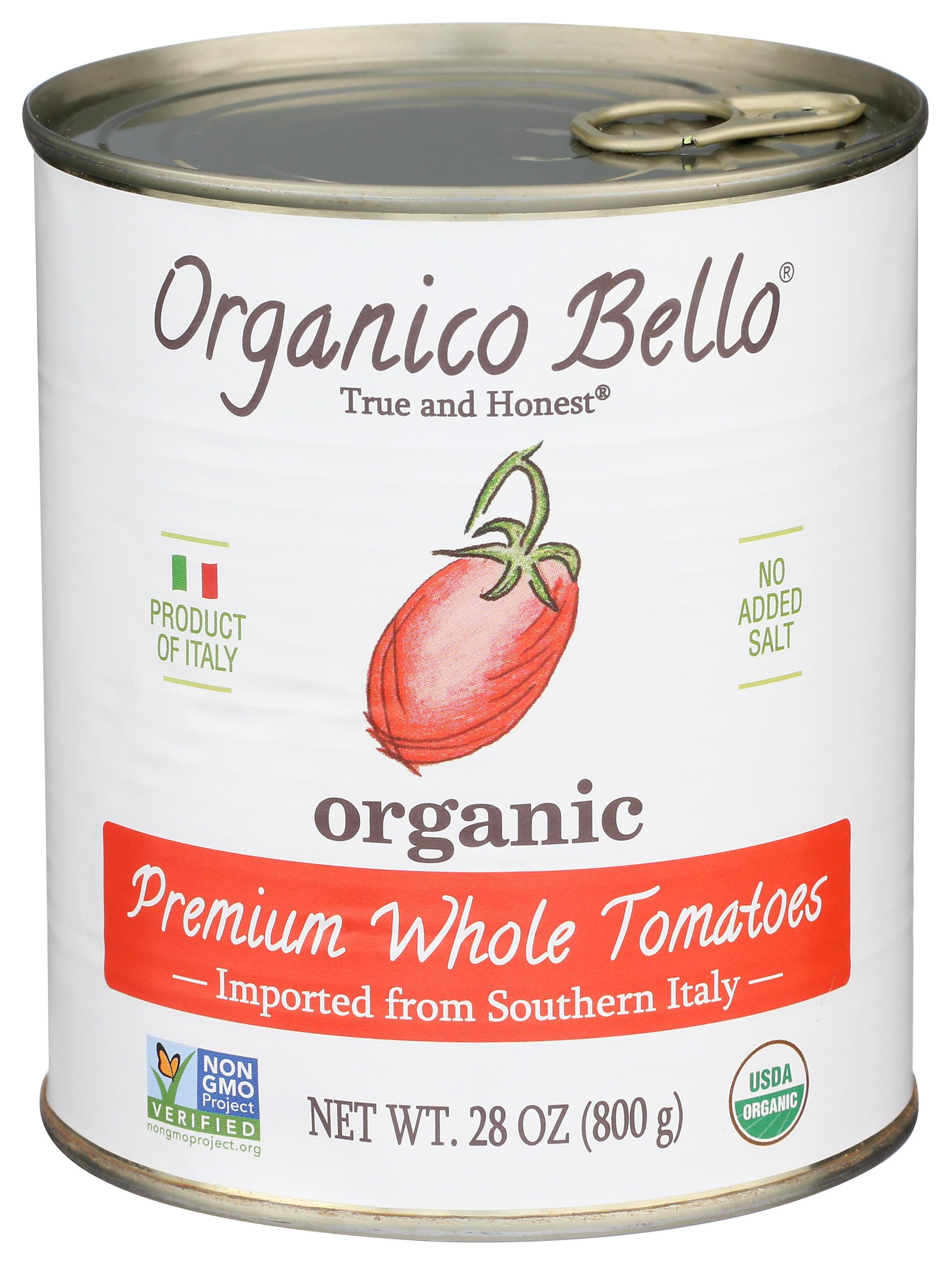 Organico Bello label close-up shows 100% organic tomatoes and no added sugars.