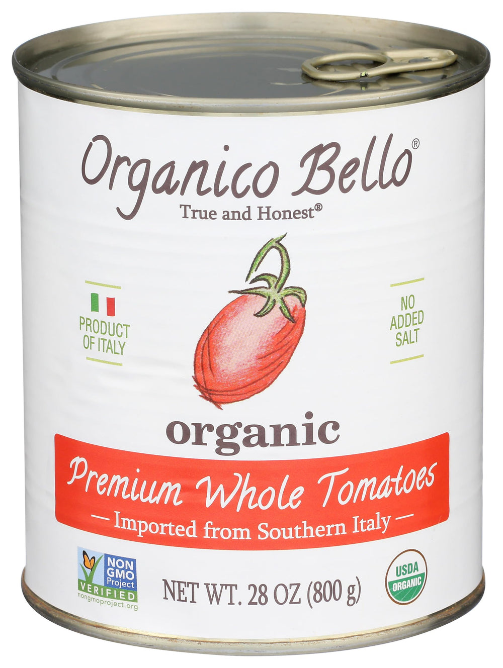 Organico Bello label close-up shows 100% organic tomatoes and no added sugars.